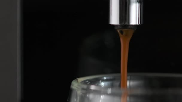 Kavrulmuş Arabika fasulyelerinden gelen kafeinle dolu sıcak, canlandırıcı kahve cam bardağa basınç altında akıyor. Profesyonel kahve makinesinden siyah aromalı kahve çekirdekleri hazırlama. — Stok video