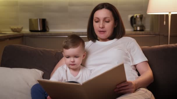 Вагітна няня уважно читає книжку про сина з казкою. Мати навчає дитину читати книжки, навчаючи її перед школою. Читайте дітям книжки. Читання батьків і дітей. — стокове відео