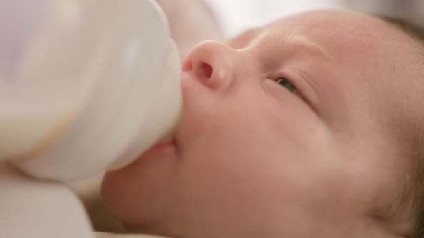 Кавказский новорожденный ребенок пьет молоко матерей из маленькой пластиковой бутылочки младенца через соску. Портрет малыша, пьющего сухое разбавленное молоко. Понятие материнства и детства. Закрыть съемку. — стоковое видео