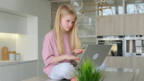 Mutlu kız bilgisayarda sohbet ediyor internette geziniyor sosyal ağlarda çalışıyor ya da internette çalışıyor. Masada oturmuş dizüstü bilgisayar kullanarak gülümseyen genç kız ekran defterine bakıyor ve mesaj yazıyor.. — Stok video