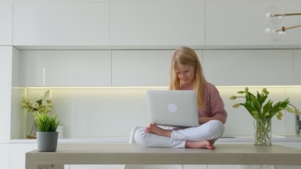 Aşırı neşeli sarışın kız online başarısını kutluyor harika haberler okuyor dizüstü bilgisayarını kullanıyor şaşkın şaşkın oturuyor, heyecanlı bir kadın bilgisayara bakıyor şaşırmış, sınav sonucu bursu almış.. — Stok video
