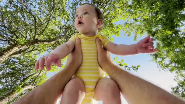 POV shot dad holds small happy smiling cute child at arm length above him, playing together in nature with trees and blue sunny sky in background, filmed first person, carefree family enjoys weekend. — 图库视频影像