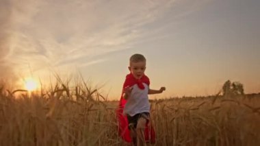 Kırmızı kahraman pelerinli mutlu sarışın çocuk güneş ışınları ve batan güneş ışınlarıyla çayır buğday tarlasında koşuyor. Kaygısız bir çocukluk, özgürlük ve uçma hayali, çocuk oyunları. Yavaş çekim videosu.