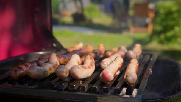 ゴールデンクラストのジューシーな調理ソーセージはホットバーベキューグリルで揚げられています。夏の天候では、牛肉と豚肉で作られたソーセージがグリルにかかっています。焼き物・燻製. — ストック動画