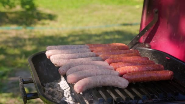 Raw sausages are cooked on hot coals of BBQ grill on street. Process cooking sausages from beef and pork meat on BBQ grill. Recreation and picnic in nature with cooking on an open fire Grill BBQ. — Stock Video