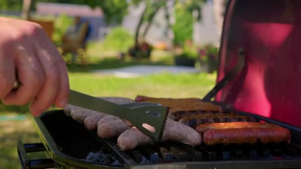 バーベキューグリルで焼くソーセージ屋外で焼く。バーベキューだ。炭火焼きで揚げ、燻製。おいしいソーセージでグリルをオンにします。ピクニックやキャンプのためのコンセプト通りの食べ物 — ストック動画