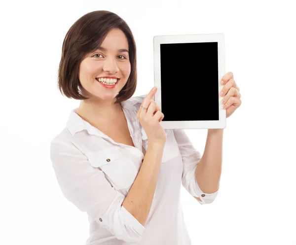 Pretty brunette showing a digital tablet — Stock Photo, Image