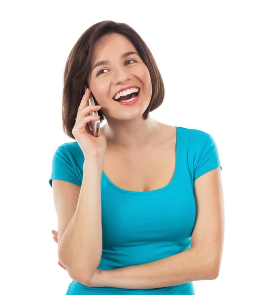 Morena feliz falando ao telefone — Fotografia de Stock