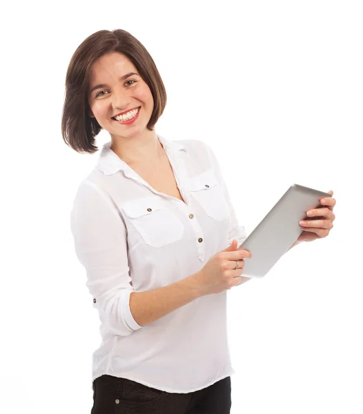 Mujer alegre sosteniendo un touchpad — Foto de Stock