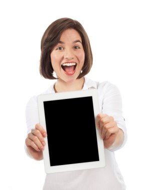 mutlu bir kadın dijital tablet sunulması