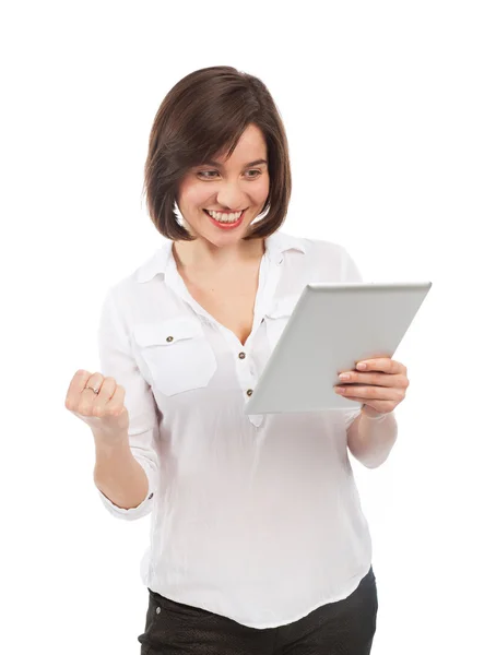 Cheerful young brunette and electronic tablet — Stock Photo, Image