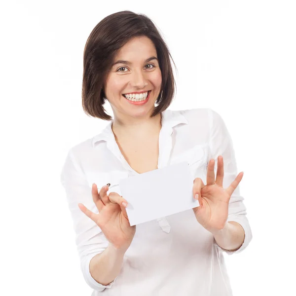 Mulher alegre mostrando uma tabuleta em branco — Fotografia de Stock