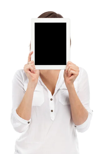 Giovane donna e touchpad in bianco — Foto Stock