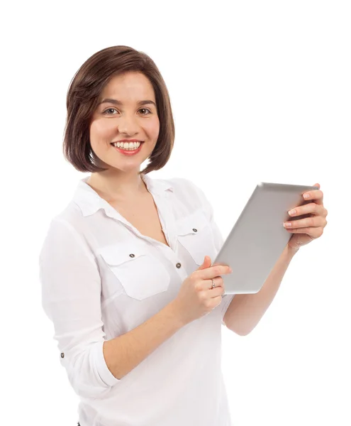 微笑的女士使用电子的平板电脑 — 图库照片