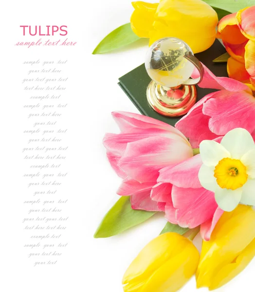 美しいチューリップや春の花あなたのテキストのためのスペースとグリーティングカードのためのテンプレート — ストック写真
