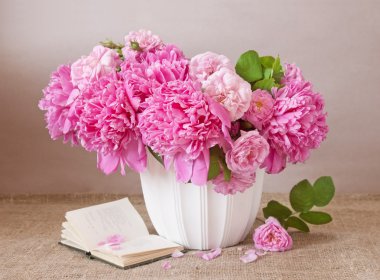 Açık arkaplanda pembe şakayık demeti ve açık bir kitap.