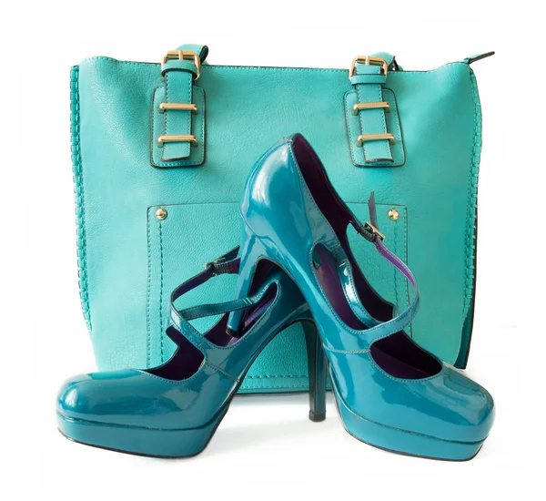 Blauwe Vrouwelijke Schoenen Met Een Turquoise Handtas — Stockfoto