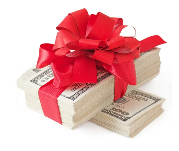 Dollar Bills Red Gift Bow Isolated White Background — Stockfoto