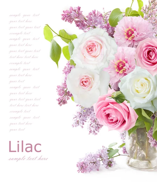 Beautiful Bouquet Pink Roses Isolated White Background Simple Text — Stock Photo, Image