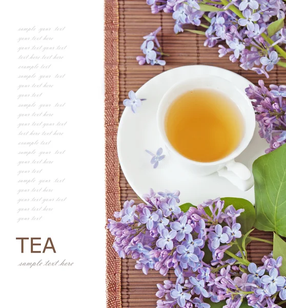 Cup Tea Lilac Flowers White Background Space Your Text — Stock Photo, Image