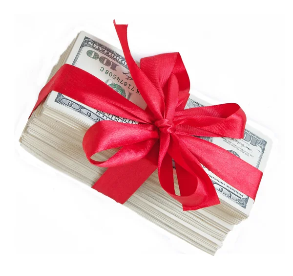 Dollar Bills Red Gift Bow Isolated White Background — Stockfoto