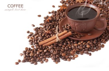 kahve çekirdekleri ve tarçın sopa beyaz zemin üzerine