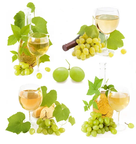 Glass of red and white wine and grapes isolated on white background — Stock Photo, Image