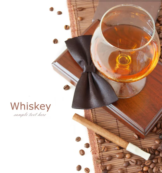 Glass Whiskey Cigars White Background Space Your Text — Stock Photo, Image