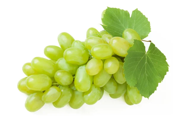 Uvas verdes frescas con hojas. Aislado sobre blanco — Foto de Stock