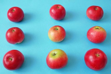 Mavi arkaplanda kırmızı elmalar, yakın plan, üst görünüm
