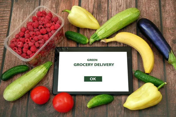 Organiczne Warzywa Owoce Torbie Bawełnianej Tablecie Rynek Online Zielona Dostawa — Zdjęcie stockowe