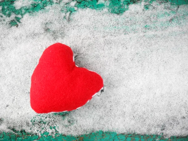 Red Heart Symbol Snowy Wooden Bench — Stock Photo, Image
