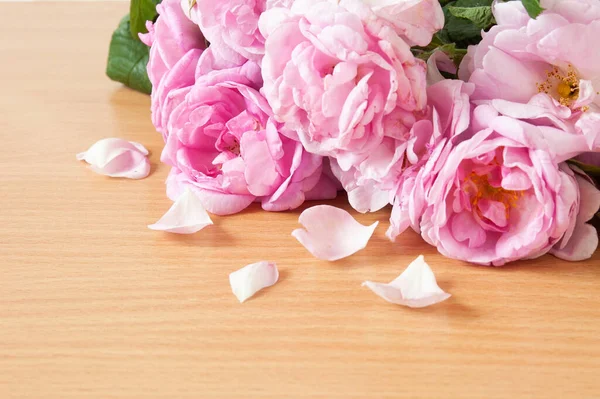 Розовые Розы Лепестками Деревянном Фоне — стоковое фото