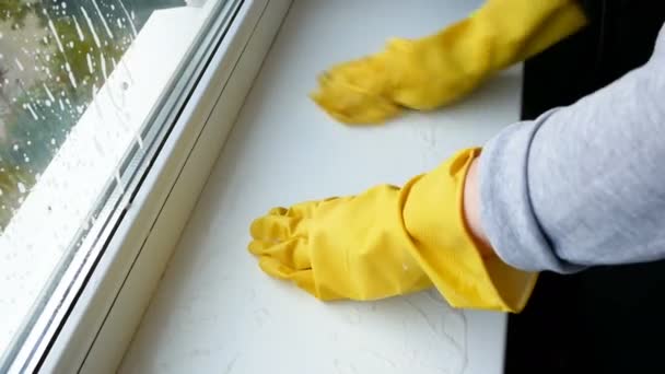 Ręka Kobiety Rękawiczkach Myjąca Parapety Koncepcja Usług Czyszczenia Okien — Wideo stockowe