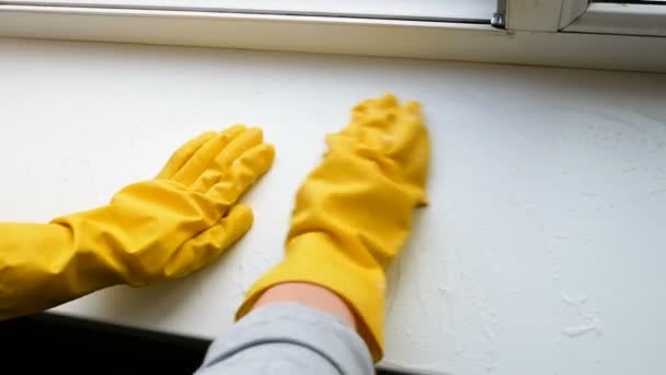 Ręka Kobiety Rękawiczkach Myjąca Parapety Koncepcja Usług Czyszczenia Okien — Wideo stockowe
