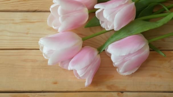 Tahta Arka Planda Güzel Pembe Laleler Çiçek Buketi Yakın Plan — Stok video