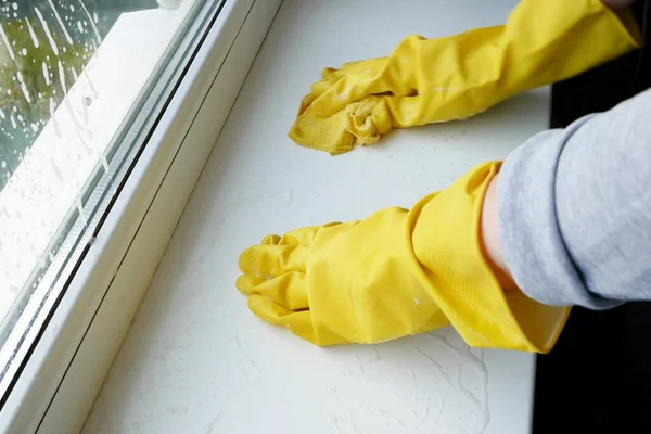 Woman Gloves Windowsill Washing Window Cleaning Services — Stock Photo, Image