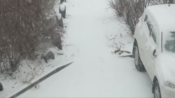 Forte Nevicata Città Persone Sotto Tempesta Neve Vista Dall Alto — Video Stock