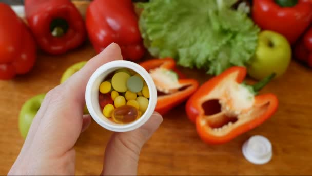 Cibo Sano Verdure Frutta Pillole Concetto — Video Stock