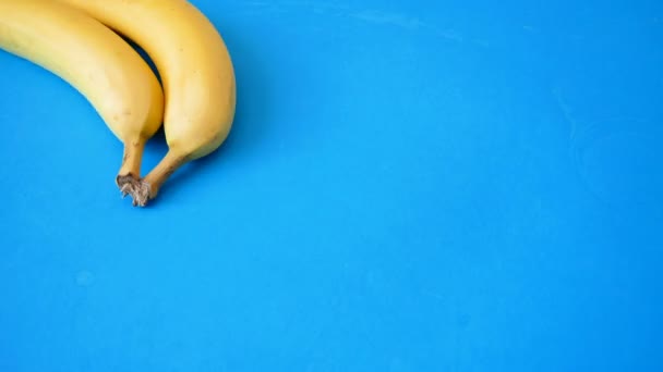 Yellow Fresh Bananas Move Blue Background Stop Motion Animation Closeup — Stock Video