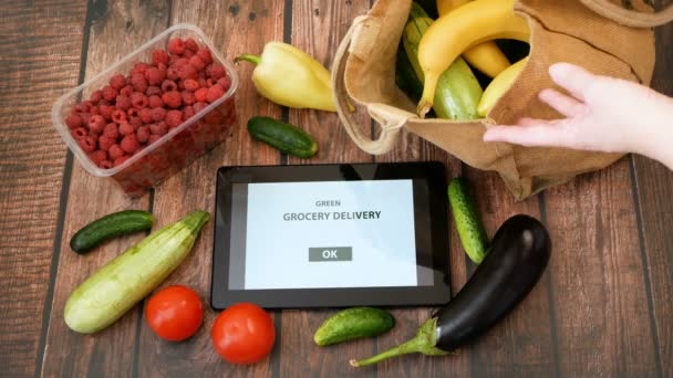 Verduras Orgánicas Frutas Bolsa Algodón Tableta Mercado Línea Entrega Comestibles — Vídeos de Stock