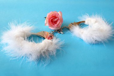 Mavi arka planda gül çiçekleri olan beyaz tüylü kelepçeler, nazik seks oyunları konsepti