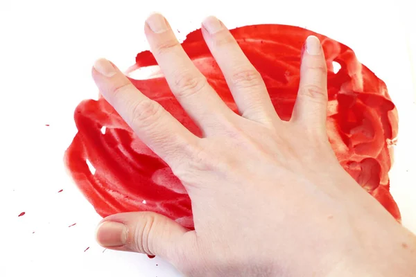 Mano Sangue Rosso Isolati Sfondo Bianco Gocce Schizzi Sangue Può — Foto Stock