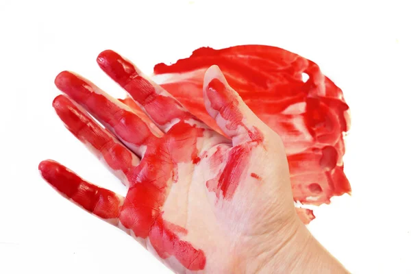 Mano Sangre Roja Aisladas Sobre Fondo Blanco Gotas Sangre Salpicaduras — Foto de Stock