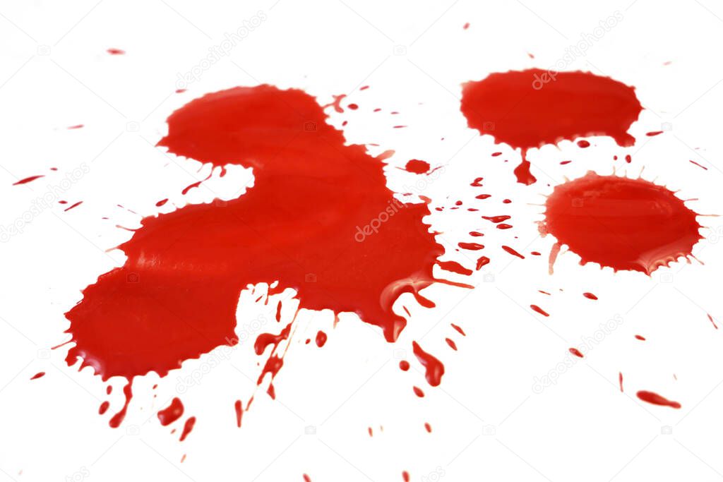 red blood drops isolated on white background. Blood Drops and splashes. Can be used on halloween design, medical, healthcare, closeup