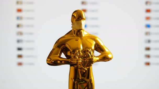 好莱坞奥斯卡金像奖的医疗面具雕像 成功与胜利的概念 科罗纳维勒斯时代的奥斯卡颁奖典礼 — 图库视频影像