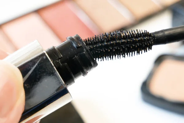 Uppsättning Kosmetiska Makeup Produkter Nagellack Mascara Läppstift Ögonskuggor Borste Puder — Stockfoto