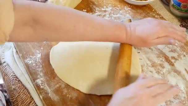用蔬菜填充自制饺子 小牛肉或盆栽的工艺 准备在木板上煮紫罗兰时 女人的手拿着一个 — 图库视频影像