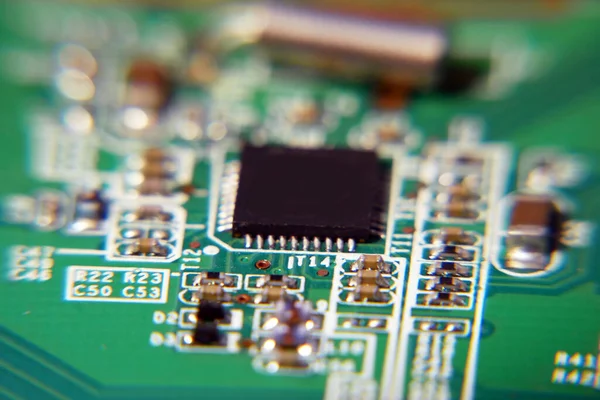 Computer Chip Motherboard Futuristic Circuit Board Electrons Macro Closeup — Stock Photo, Image