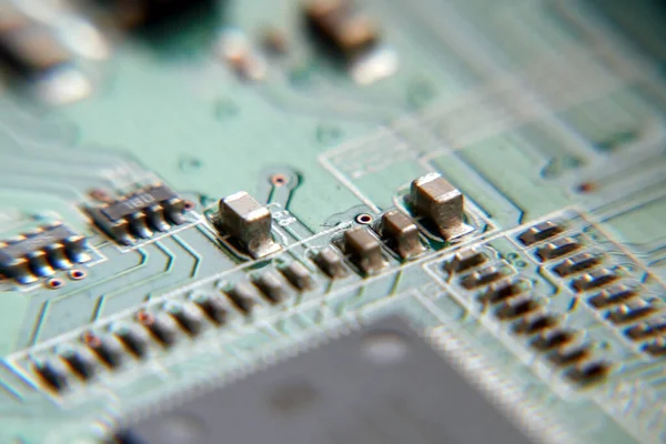 Computer Chip Motherboard Futuristic Circuit Board Electrons Macro Closeup — Stock Photo, Image